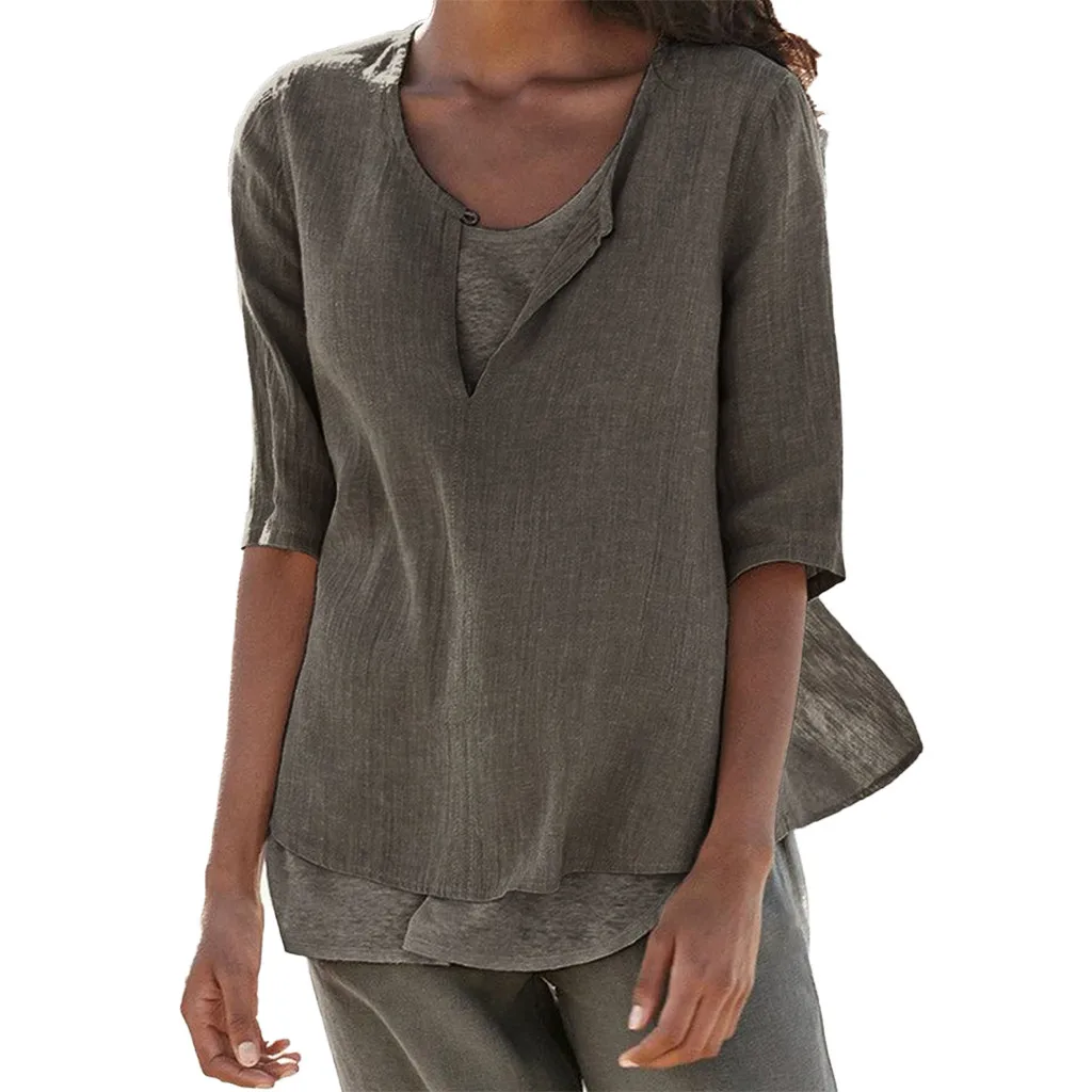 

Vintage T Shirt Women's Loose Linen Casual Button O Neck Plus Size Solid Shirt Tunic Tops Dracarys Minimalist Women Clothes 2019