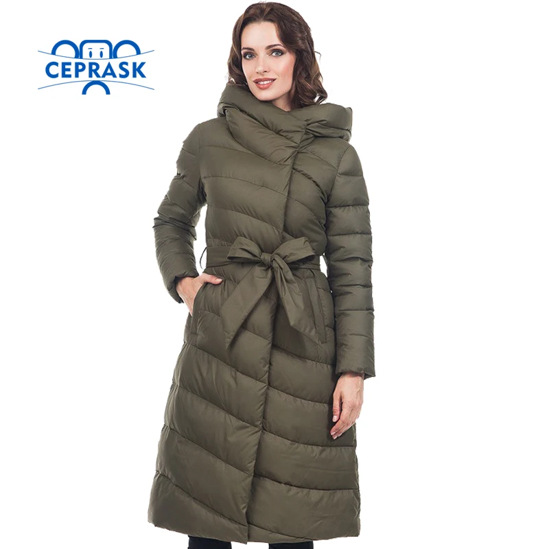 Ceprask высокое качество Для женщин зимняя куртка плюс Размеры длинные модные Для женщин зимнее пальто с капюшоном теплая куртка-пуховик парка
