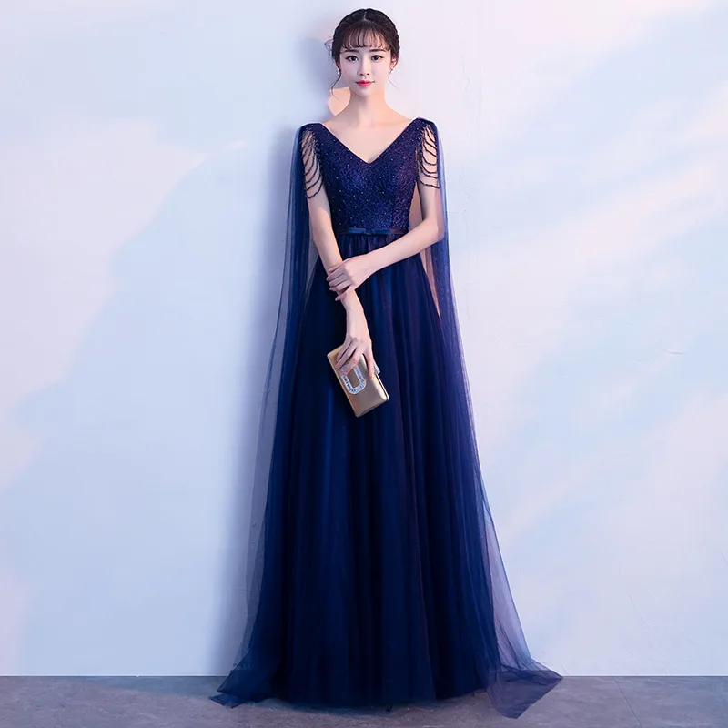 Сексуальная тонкая Мода v-образным вырезом бисерная шнуровка Улучшенный чёнсам китайский стиль вечернее платье Vestidos размер S-3XL - Цвет: navy blue