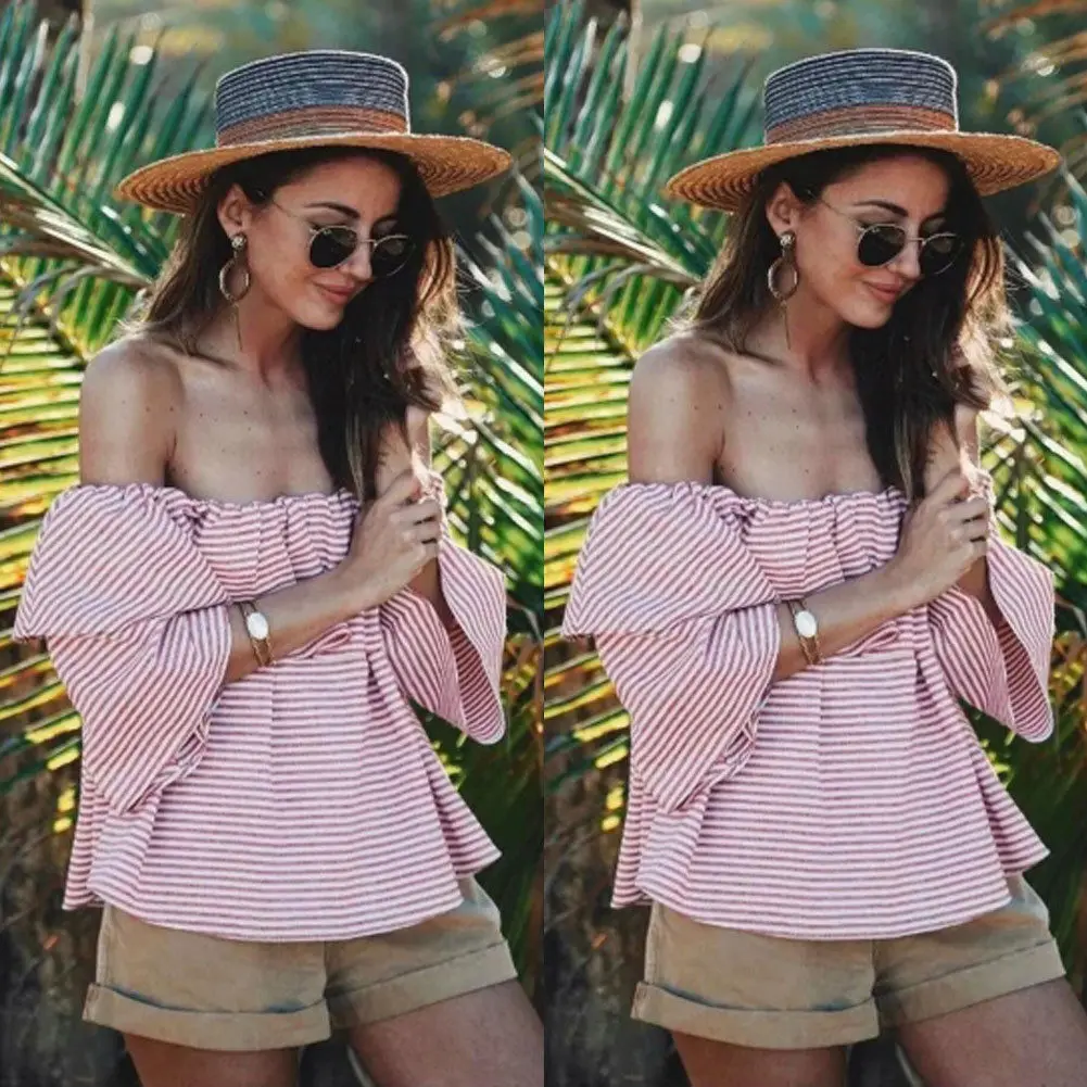 

2018 Summer New Women's Striped Off Shoulder 3/4 Sleeve Ruffled Blouse Loose Tops Shirts Clothes Casual Shoulderless Clothing