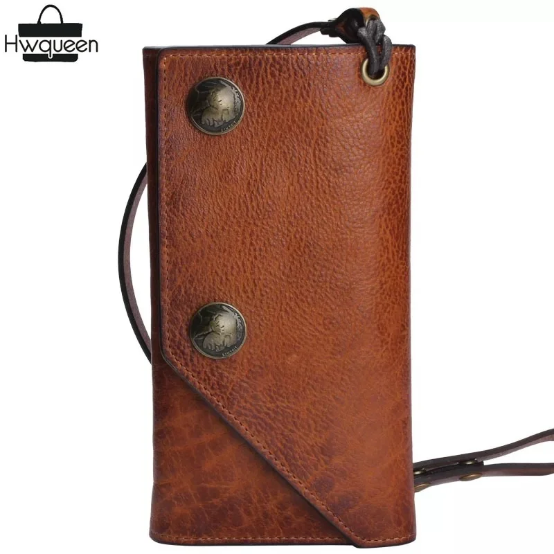

Unique Cool Designer Genuine Cowhide Men Tanned Long Wallet With Leather Strap Zipper Pocket Vintage Hasp Clutch Purse For Man