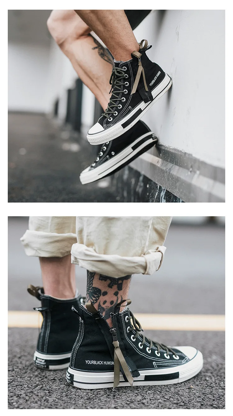 Men High Top Canvas Shoes Lace-up Sneakers Unisex Casual Shoes with Side Zipper Classic Retro Style Black High Quality Female