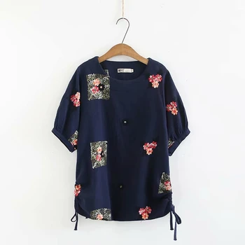 

Plus Size Women Floral Embroidery Summer Shirts Short Sleeve Casual T-shirt