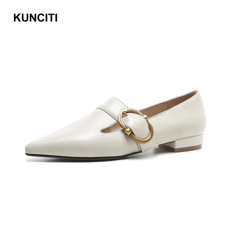 

2019 KUNCITI Oxford Shoes For Women Pointed Toe Beige Flats Genuine Leather Comfortable Mules Shoes Ladies Spring New Shoes F18