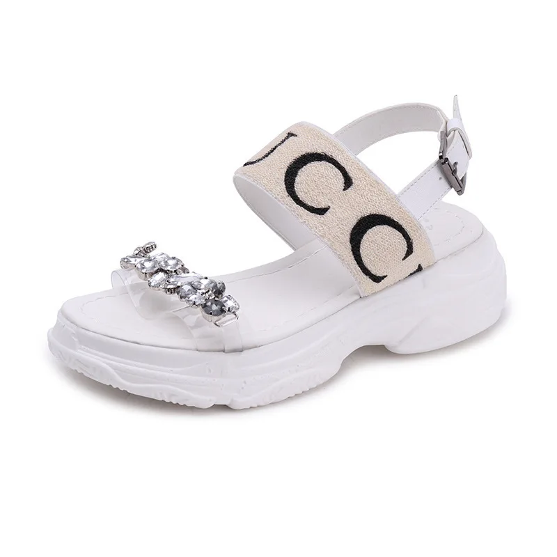 

2018 summer new thick women's sandals fashion rhinestone transparent PVC casual women sandals.
