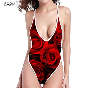 

FORUDESIGNS Red Rose Floral Printing Swimsuit One Piece Monokini Summer Swimming Suit for Women Large Size Swimwear Beach Wear