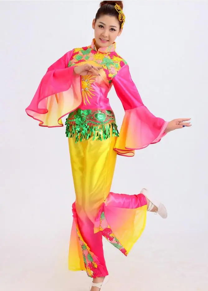 Моложе служба барабан Yangko Танцы одежда вентилятор Танцевальный костюм Женская Классическая Костюмы для бальных танцев Производительность одежда Китайская народная Танцы - Цвет: Прозрачный