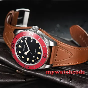

43mm Parnis black dial red bezel date miyota automatic diving mens watch 591C