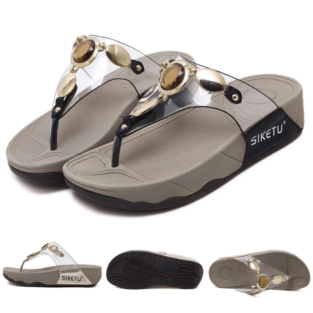 2019 Women's rhinestone slippers  wedge heel flip-flop sandals platform sandals gladiator sandals ladies comfortable 40J10 (1)