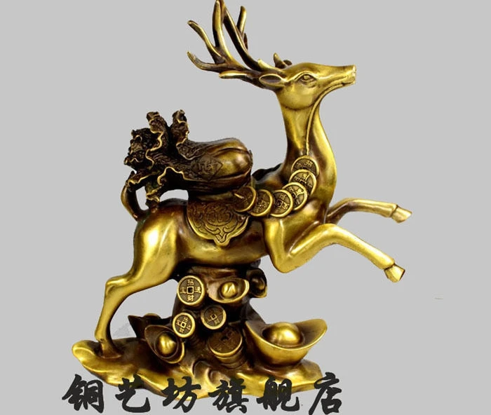 

11" China Bronze Lucky Longevity Deer Sika Cabbage Copper Ingot Statue