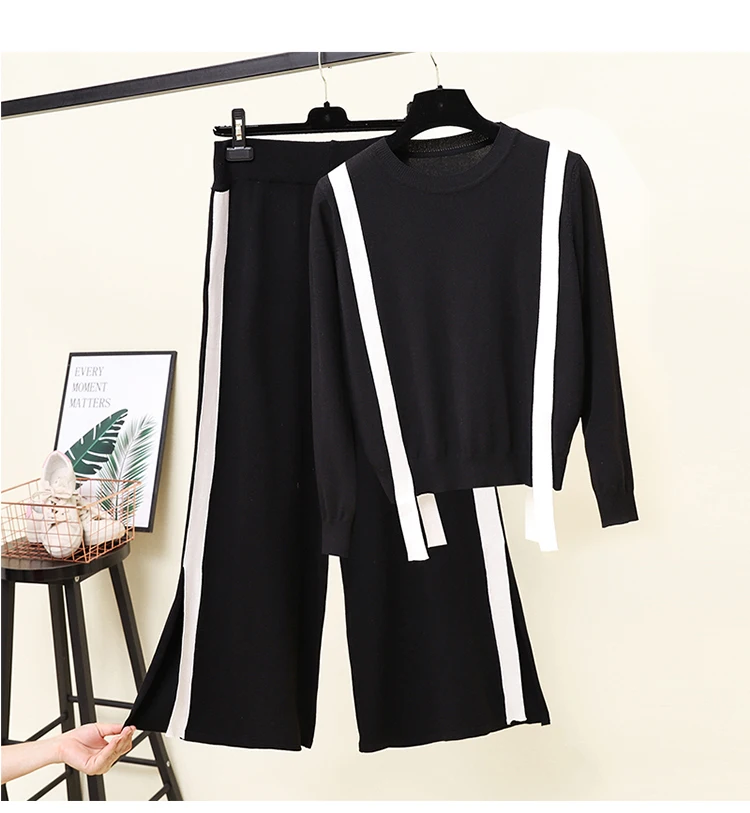 

Plus Size 2 Piece Sets Women Outfits Woman Tracksuits Side Striped Knitwear Oversize Knit Sweater + Wide Leg Pants Clothing Suit