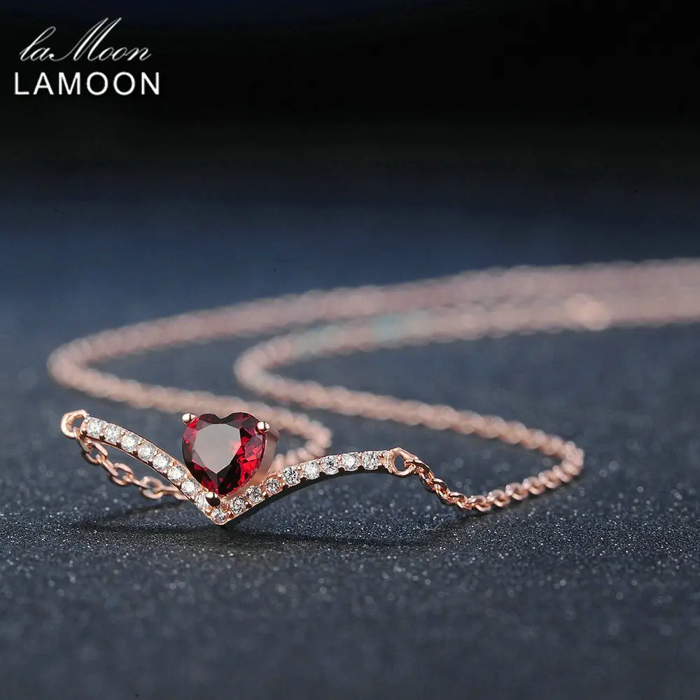 Lamoon Elegent 4mm Natural Heart Red Garnet 925 Sterling Silver Chain Pendant Necklace Women Jewelry S925 LMNI044
