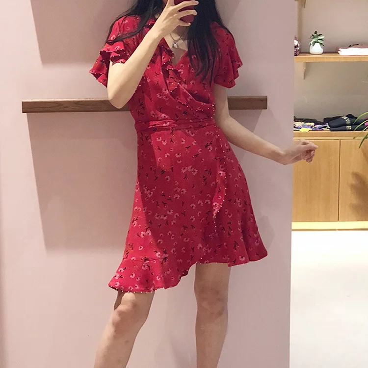 

Woman Dress 2019 Spring and Summer Slim Ruffled Beaded Dress