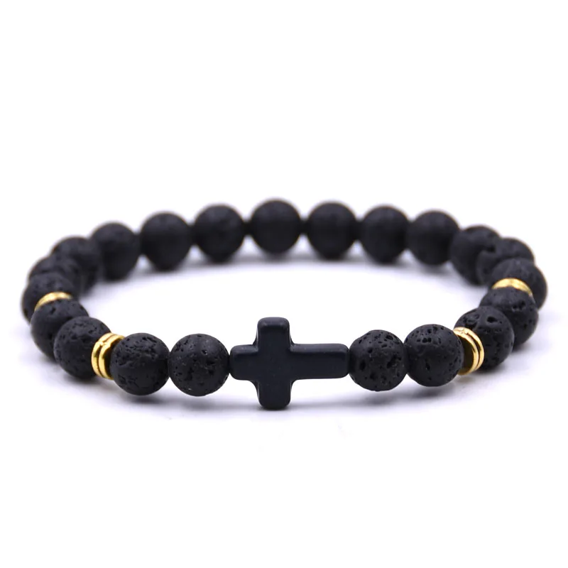 

Fashion Popular Unisex 18 colors Natural Stone Cross Men Bracelet Hand Work Black Beaded Bracelets Pulseiras jewelry