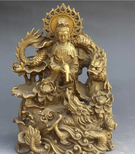 

10" Chinese Bronze Stand 2 Dragon Kwan-yin Bodhisattva Guan Yin Goddess Statue