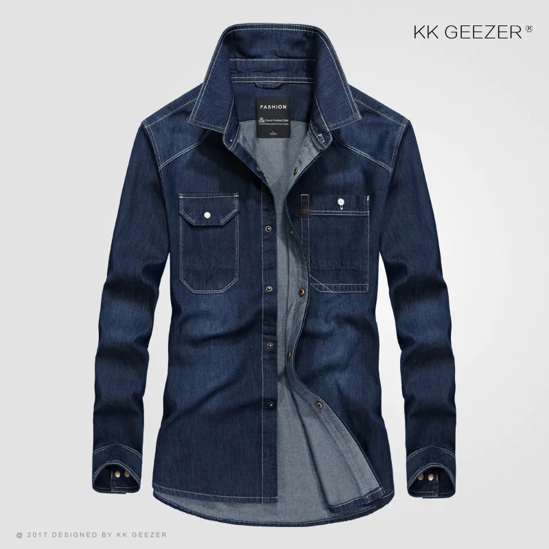 Светильник, синие джинсовые рубашки мужские джинсовые рубашки M-4XL с длинным рукавом, черная Повседневная хлопковая рубашка в стиле милитари, Высококачественная брендовая Свободная рубашка
