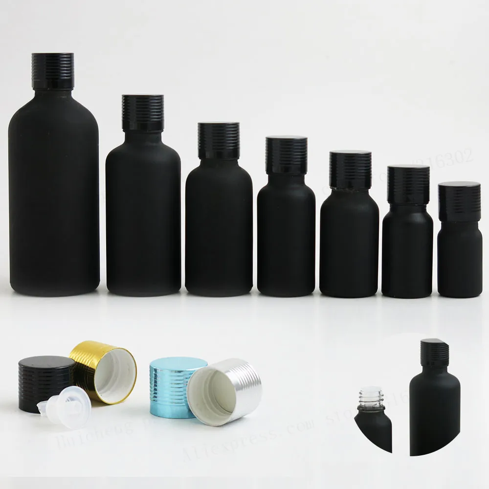 

Promotion Matt Black Cosmetic Essential Oil Bottle With Aluminum Lids Caps Reducer 5ML 10ML 15ML 20ML 30ML 50ML 100ML 12PCS