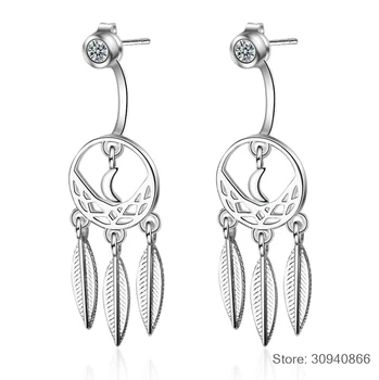 

Fashion 925 Sterling Silver Moon Dream Catcher Stud Earrings for Women Vintage Sterling Silver Feather Tassels Jewelry