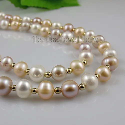 

Natural Color White Pink Purple Long Freshwater Pearl Necklace Made With 3mm GP Beads 48'' Fashion Lady's Jewelry
