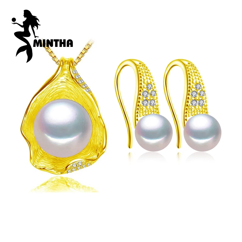 

MINTHA 925 Sterling Silver pearl jewelry sets for women,natural stud earrings vintage pendant necklace engagement fine jewelry