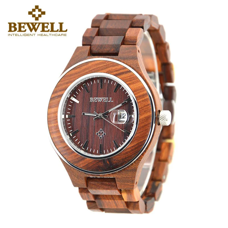 

2018 Top Brand BEWELL Natural Handmade Sandalwood Watch for Men Luxury Watches with Calendar Gift with Box Reloj Mujer 100AG