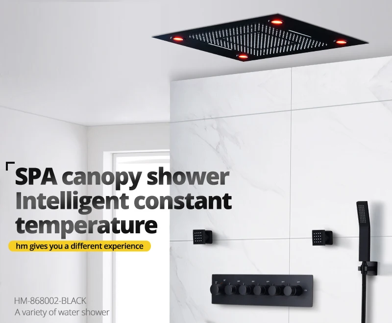 Multi-Function Shower Set Led Remote Control Light Black Brass Shower System (1)