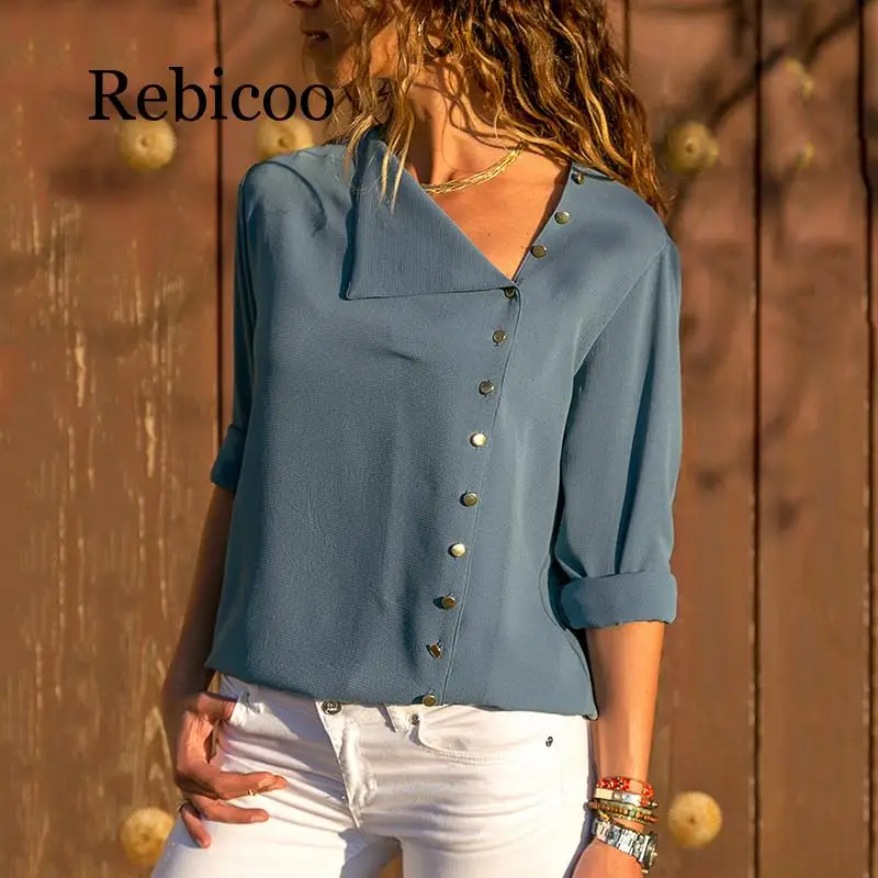 Chiffon Blouse 2019 Fashion Long Sleeve Women Blouses and Tops Skew Collar Solid Office Shirt Casual Tops