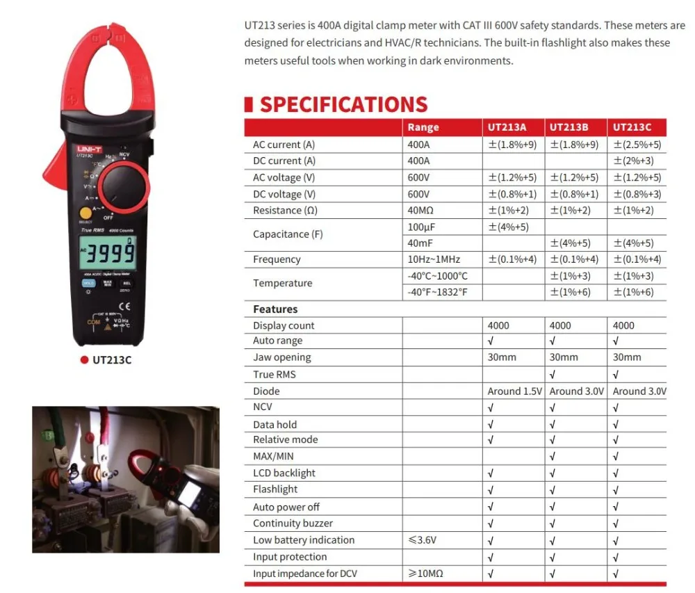UNI-T UT213A UT213B UT213C 400A AC DC Цифровой клещи напряжение сопротивление емкость мультиметр Авто Диапазон multimetro Dio
