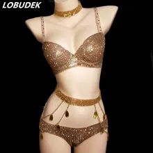 Женский ночной клуб Танцы у шеста костюм сексуальный Золотой Стразы бикини набор подиум для моделей сценические наряды бар вечерние шоу DJ танцевальная одежда