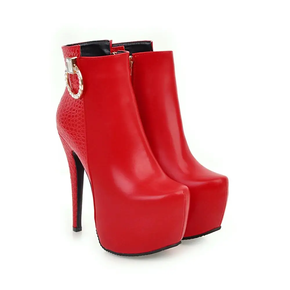 Большие размеры 48, г. Женские ботильоны модные пикантные короткие ботинки на платформе и высоком каблуке вечерние женские туфли из искусственной кожи красного и черного цвета для ночного клуба - Цвет: red