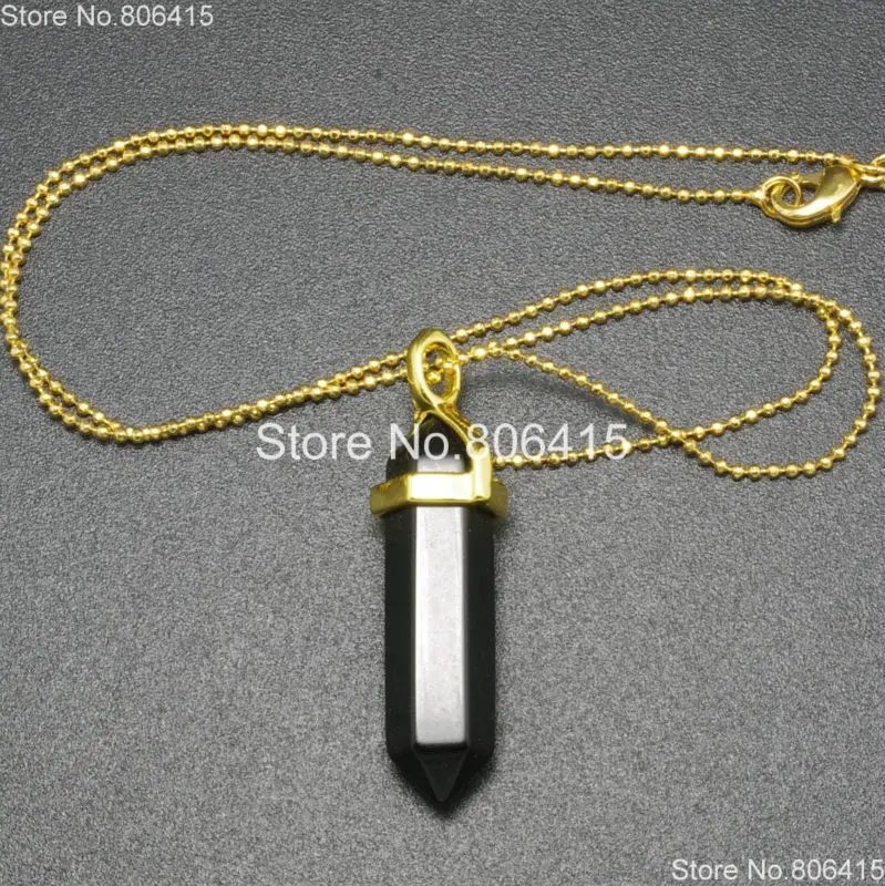 

Gold Natural Black Onyx Gem stones Hexagonal Pointed Healing Reiki Chakra Pendant Beads 17'' Chain Necklace 5 Strand Sets/Pack