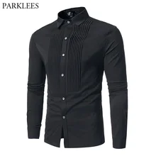 Мужская Черная Рубашка-смокинг в складку, осень, новинка, приталенная рубашка с длинным рукавом, мужская рубашка для свадьбы, ужина, вечерние, банкета