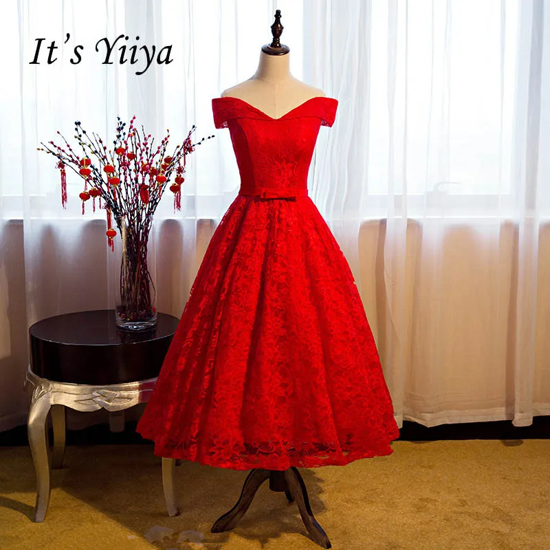 It's YiiYa Sweetheart Red Off Shoulder A line Tea Length ...