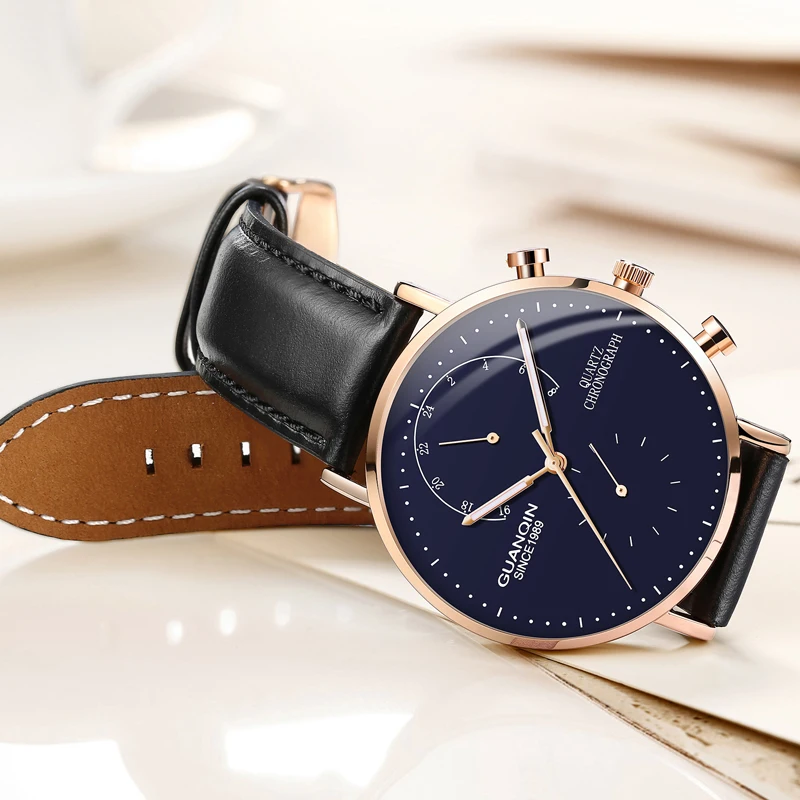 GUANQIN Дизайнерские мужские часы из натуральной кожи, Топ бренд, новые мужские спортивные часы, сапфировые аналоговые водонепроницаемые мужские кварцевые наручные часы