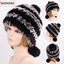 Женский Настоящий мех кролика шапка женская зимняя теплая Модная шапка из меха кролика рекс натуральный мягкий вязаный Настоящий мех кролика шапка s