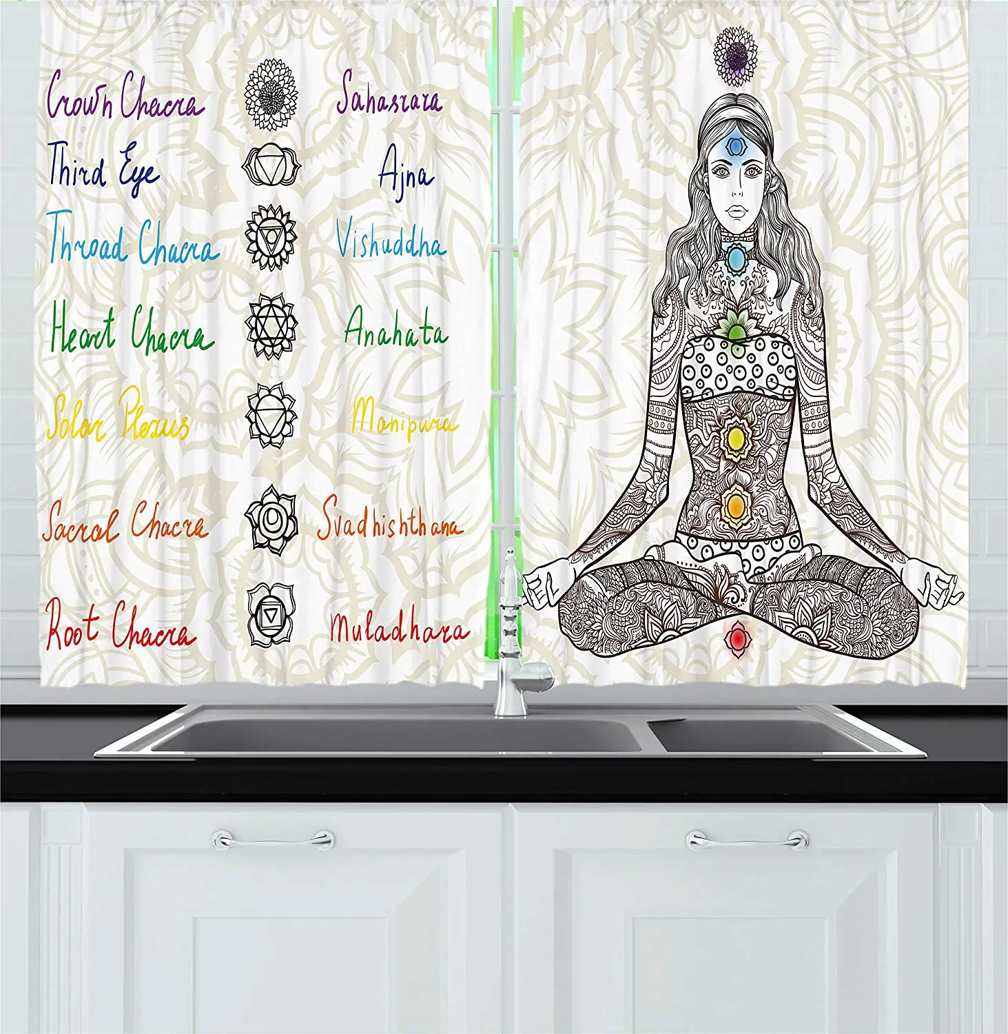 

Chakra Decor Curtains Sketch Image of Yoga Posed Girl in Peace with Spots Ancient Relax Ritual Decor Window Drapes Living Room