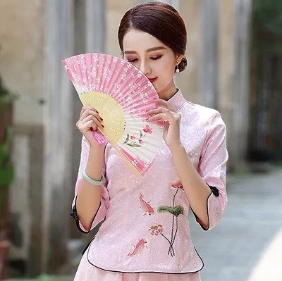 Camisa Китай Mujer лето узор улучшить Cheongsam рубашки Топы Вышивка костюм для выступлений короткий рукав Китай одежда XXXL 4XL - Цвет: half sleeve pink