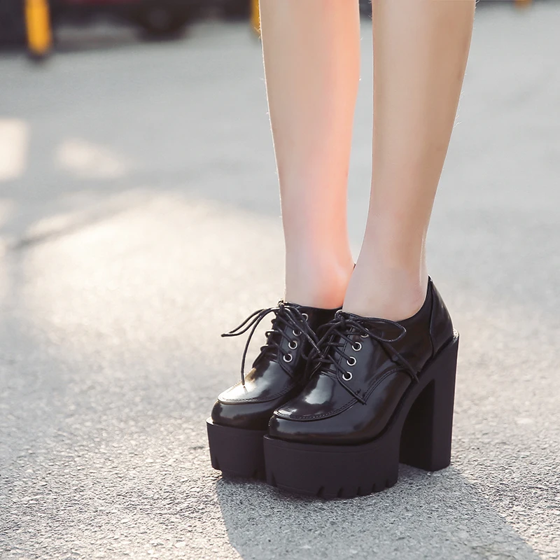

YMECHIC Patent Pu Leather Black Women Shoes Gladiator Lace Up Gothic Punk Block Super High Heels Platform Ankle Combat Boots