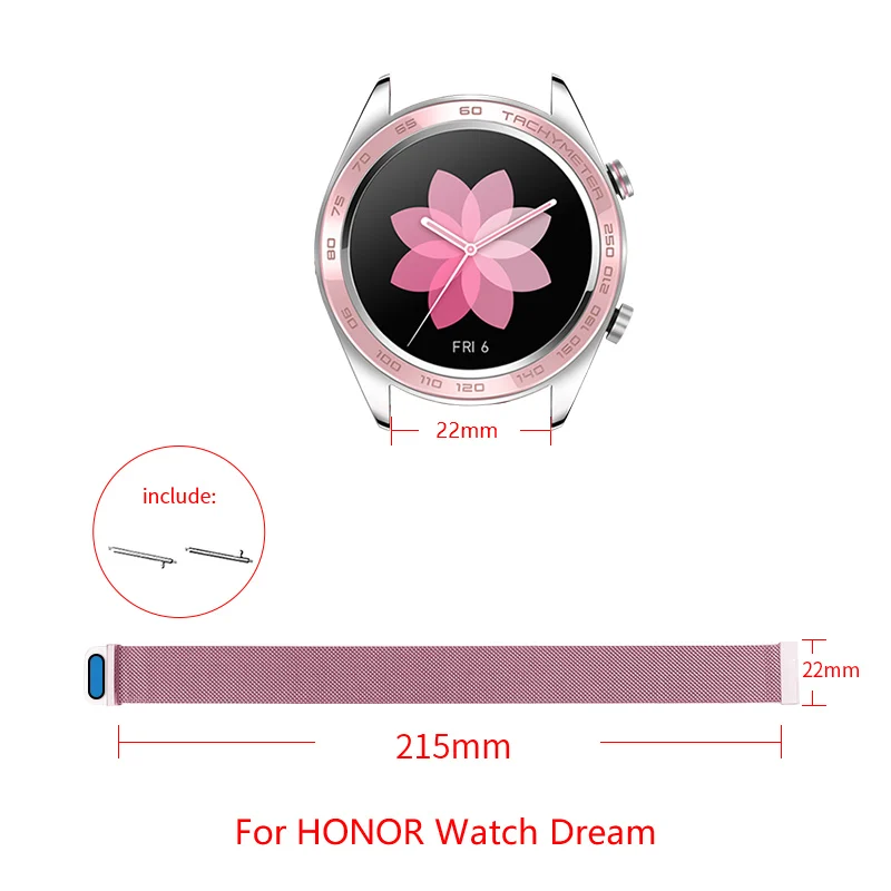 

22mm Milanese loop band For HONOR Watch Dream stainless steel strap Loopback magnetic buckle Replacement strap adjustable size