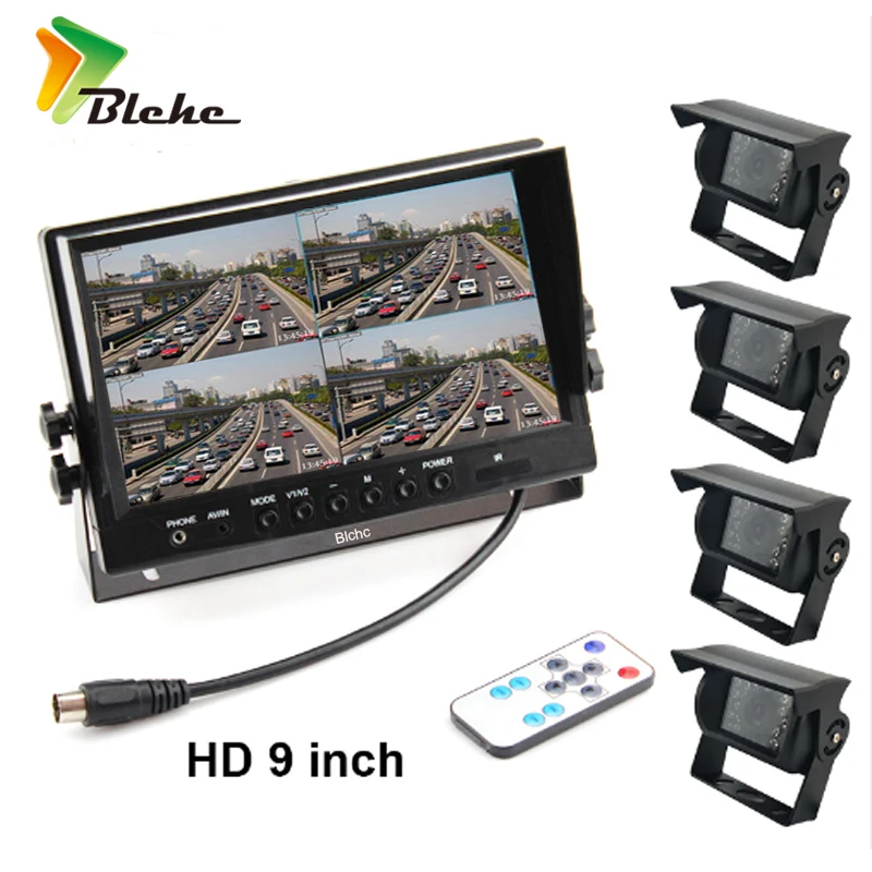 

Blchc DC 12V/24V 9 Inch 4CH Video Input Car Parking Monitor With 4 Rear View Camera 15M Cable For Truck Caravan Vans