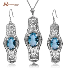 Абсолютно новые винтажные 925 пробы Серебряные Ювелирные наборы синий кристалл горного хрусталя длинные висячие серьги/кулон/для женщин подарочная коробка