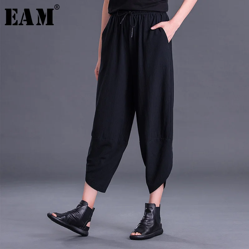 

[EAM] 2019 New Autumn Winter High Elastic Waist Black Drawstring Leisure Loose Harem Pants Women Trousers Fashion Tide JT913