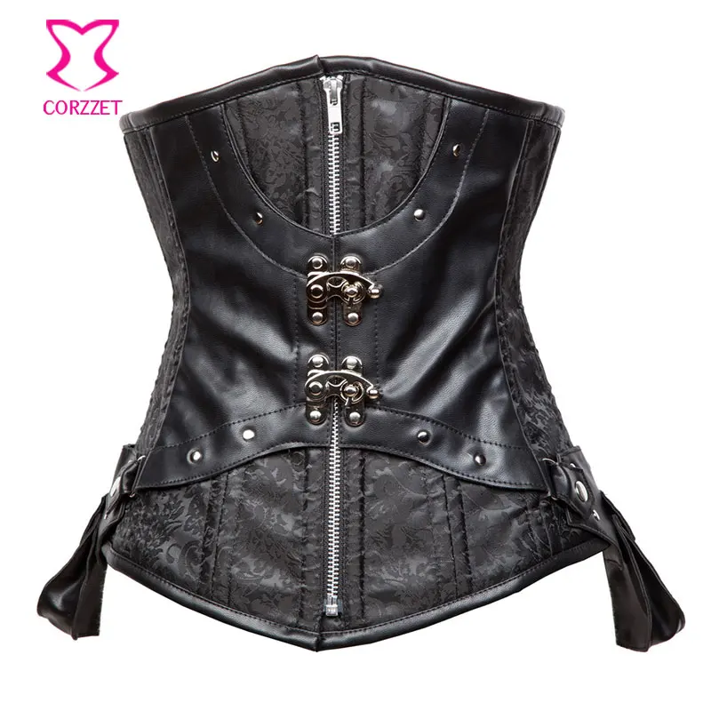 

Black Brocade&Leather Steampunk Underbust Corset Steel Bone W/ Side Pouches Plus Size Corsets and Bustiers XXXL Gothic Clothing