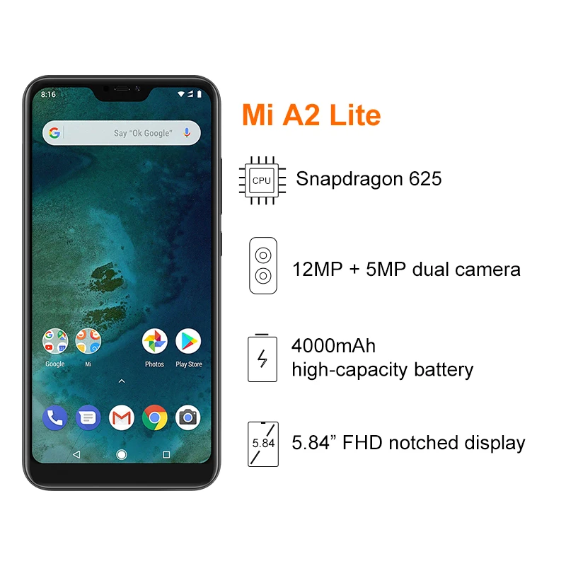 Глобальная версия Xiaomi Mi A2 Lite 4 ГБ ОЗУ 64 Гб ПЗУ Смартфон Snapdragon 625 Восьмиядерный 4000