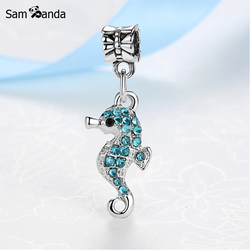 

New Silver Plated Bead Charm Ocean Life Sea Horse Pendant Charms Crystal Fit Pandora Bracelets Women DIY Fashion Jewelry