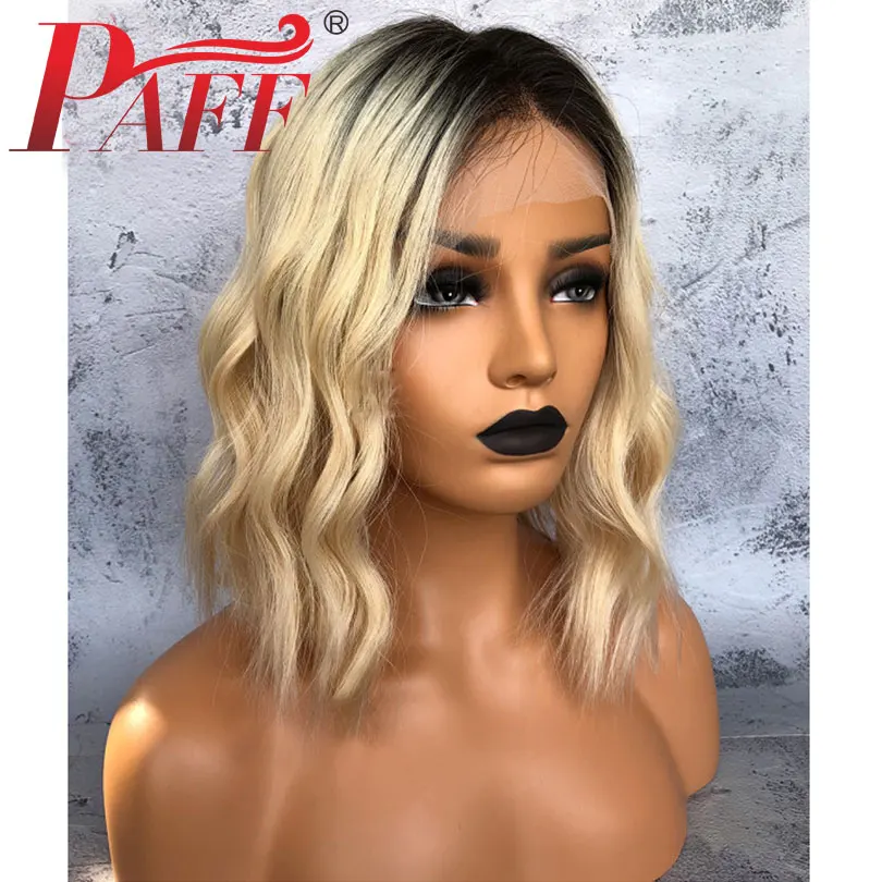 PAFF Ombre Color Short Bob Cut Human Hair Wigs Lace Front 1b 613 Blonde Black Roots Remy Hair Ombre Wigs 130% 150% Density 13*3