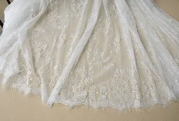 

3 yards off white chantilly lace fabric, french wedding lace fabric with eyelash scalloped border, bridal lace fabric