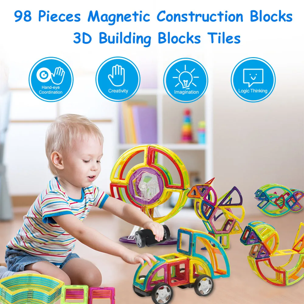 

98pcs Magnetic Building Blocks 3D Model Magnet Construction Toys Set DIY Early Educational Toys for Children with Box