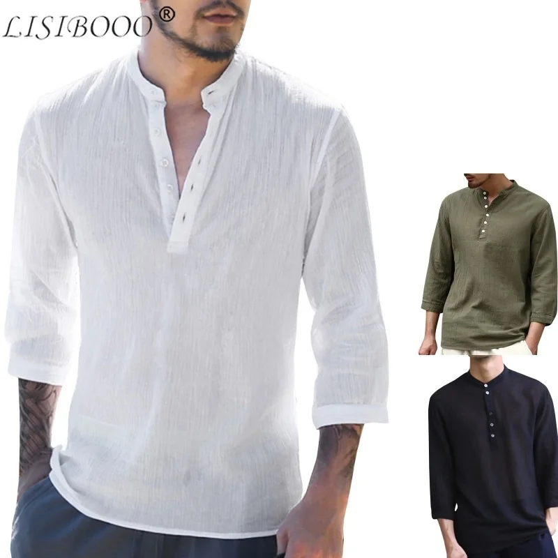 

Solid Color Half Sleeve V Tie Buckle Mens Casual Shirt Cotton and Linen T-shirt Cotton Button Loose Men Long Sleeve T Shirt