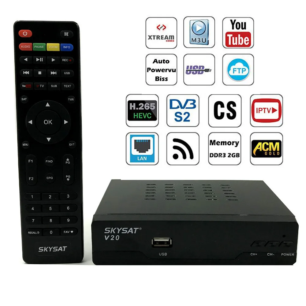 

South America H.265 ACM DVB-S2 Satellite Receiver Autoroll Power vu Biss Key With LAN Support DLNA Wifi Cline IPTV M3u Youtube